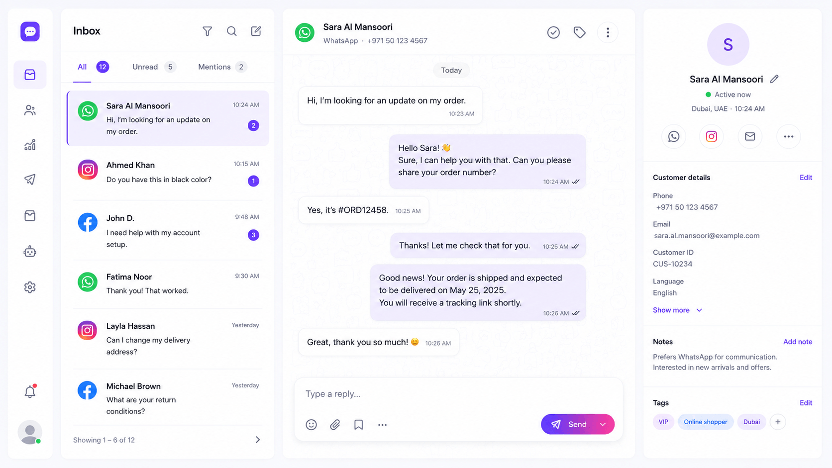 One inbox for WhatsApp, Instagram, Facebook & website preview